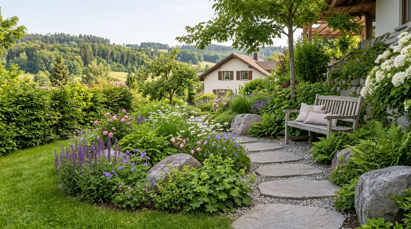 Garten im Schweizer Mittelland mit Natursteinweg, Hainbuchenhecke und blühenden Stauden